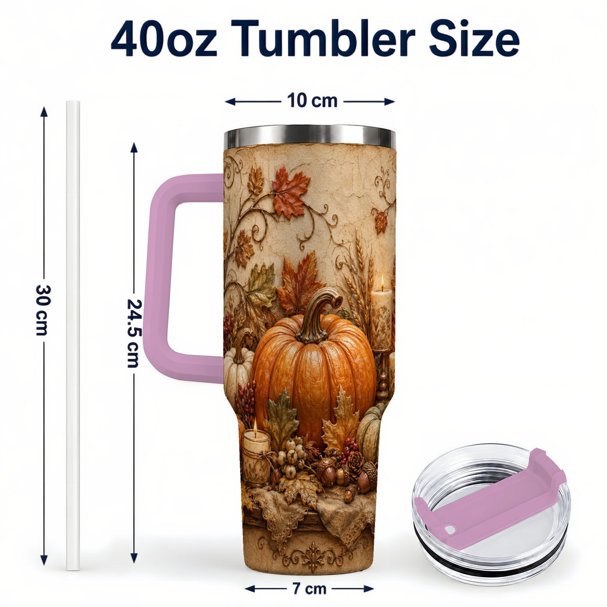 #pl[40oz|Pink] Autumn Harvest 40oz Tumbler with Handle, Rustic Pumpkin Artwork