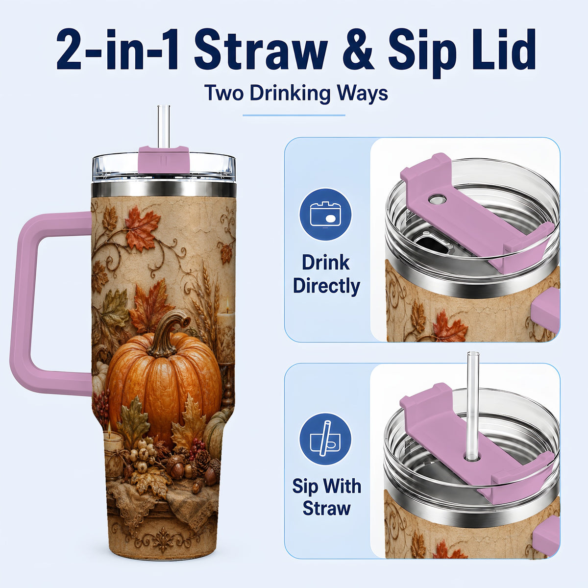 #pl[40oz|Pink] Autumn Harvest 40oz Tumbler with Handle, Rustic Pumpkin Artwork