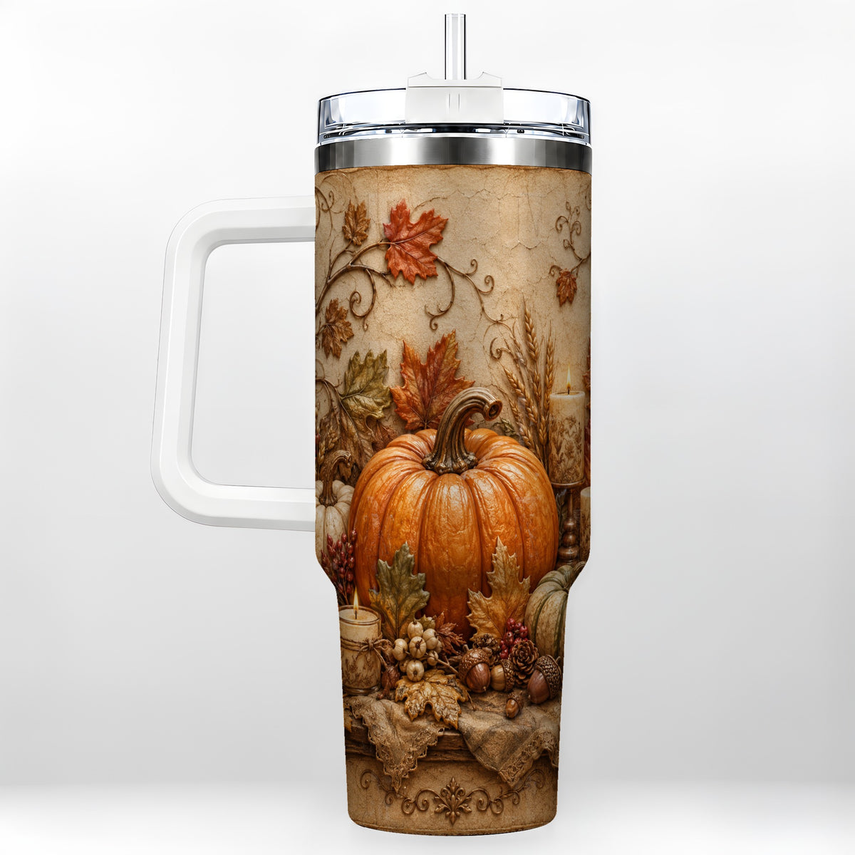 Autumn Harvest 40oz Tumbler with Handle, Rustic Pumpkin Artwork