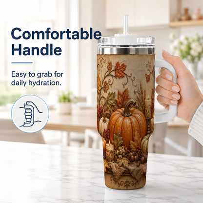 #pl[40oz|White] Autumn Harvest 40oz Tumbler with Handle, Rustic Pumpkin Artwork