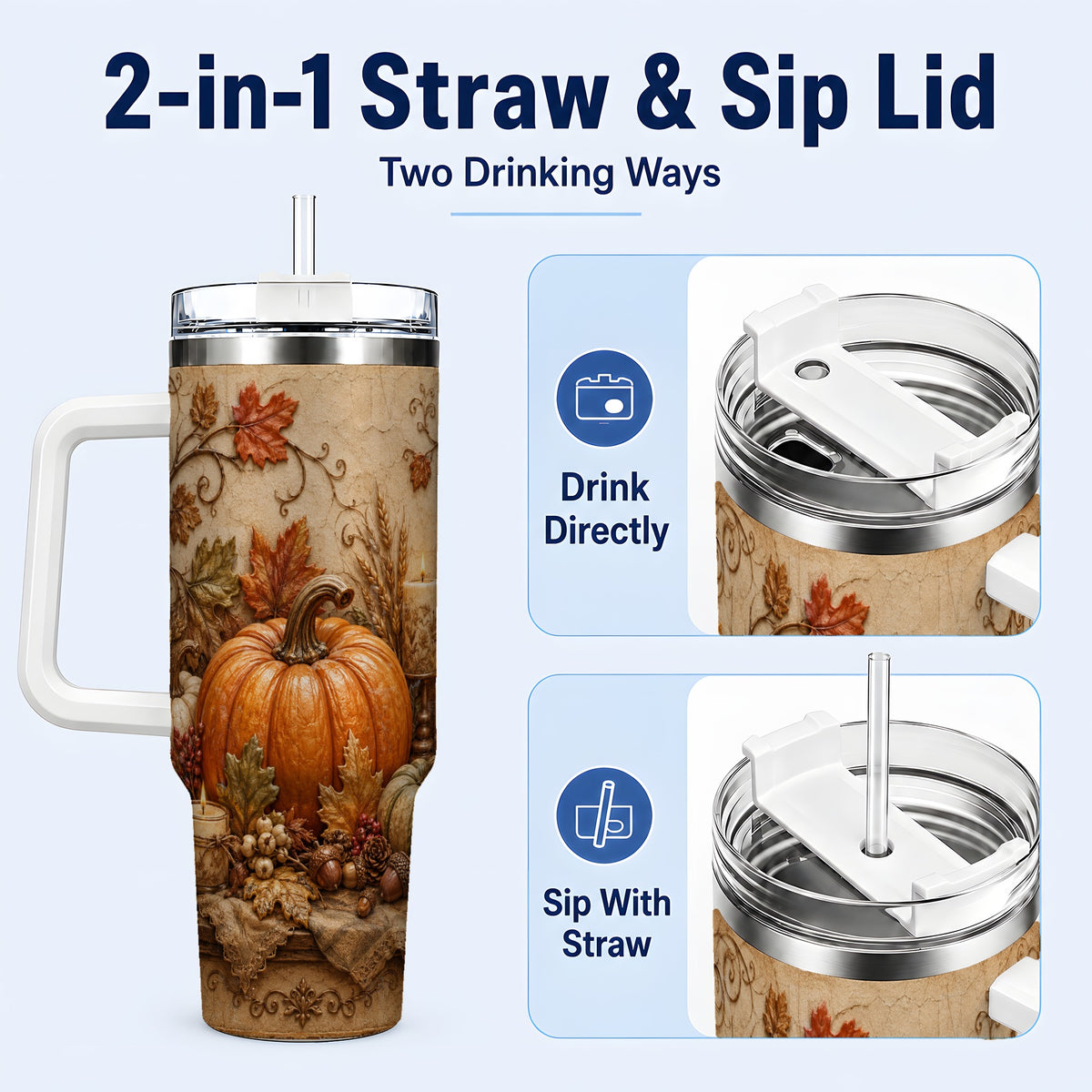 #pl[40oz|White] Autumn Harvest 40oz Tumbler with Handle, Rustic Pumpkin Artwork