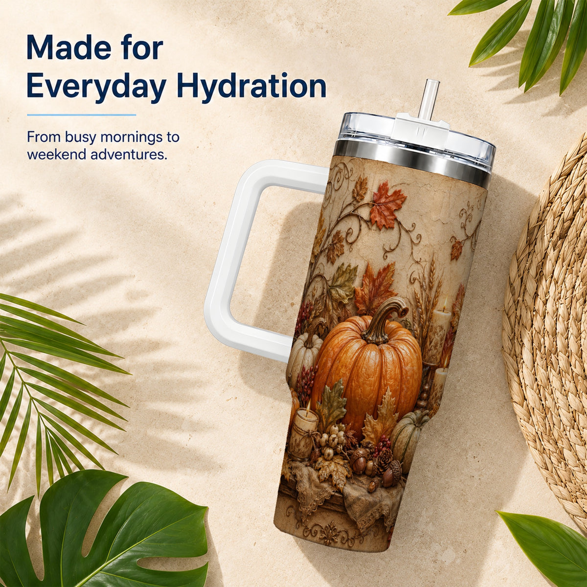 Autumn Harvest 40oz Tumbler with Handle, Rustic Pumpkin Artwork