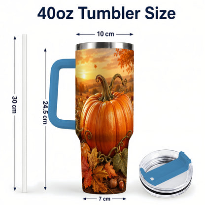 #pl[40oz|Blue] Pumpkin Patch 40oz Tumbler with Handle, Golden Autumn Sunset Art