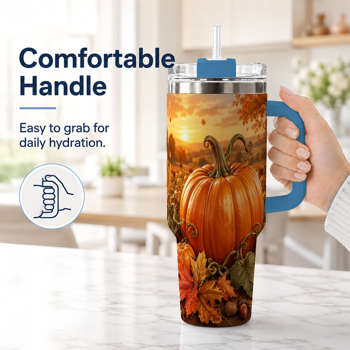 #pl[40oz|Blue] Pumpkin Patch 40oz Tumbler with Handle, Golden Autumn Sunset Art