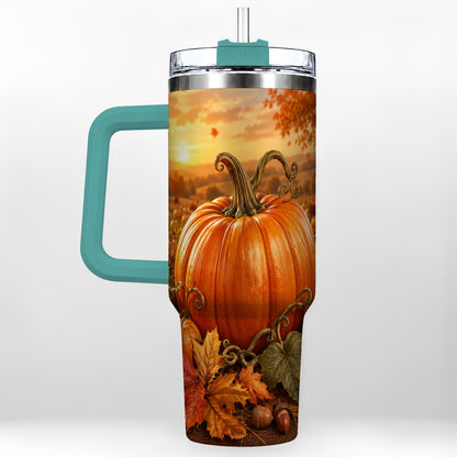 #pl[40oz|Green] Pumpkin Patch 40oz Tumbler with Handle, Golden Autumn Sunset Art