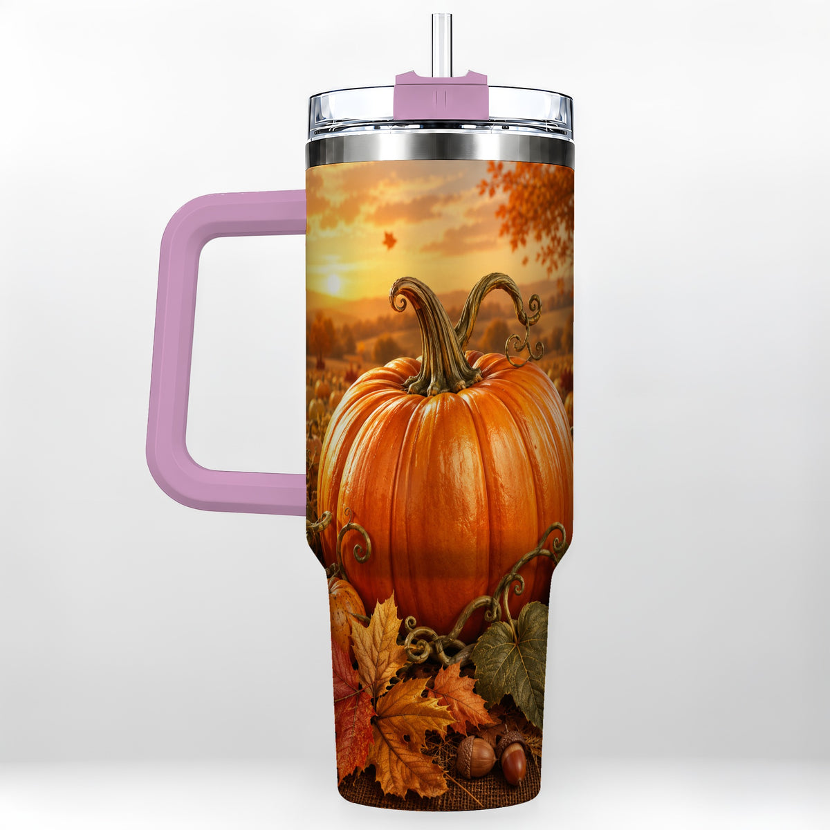 #pl[40oz|Pink] Pumpkin Patch 40oz Tumbler with Handle, Golden Autumn Sunset Art