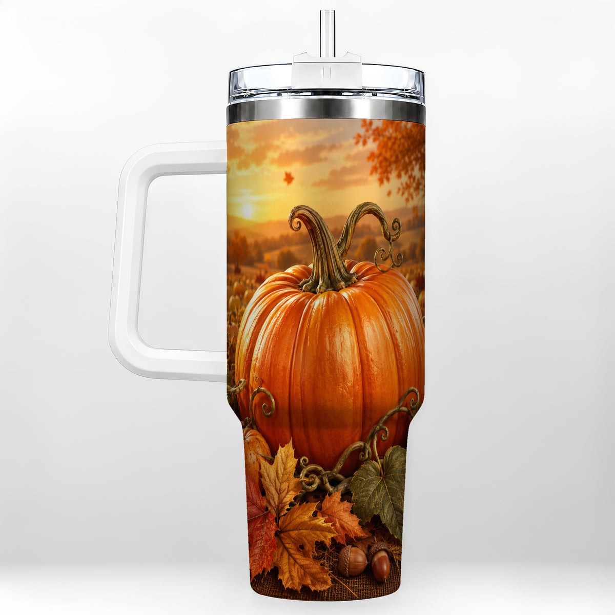Pumpkin Patch 40oz Tumbler with Handle, Golden Autumn Sunset Art