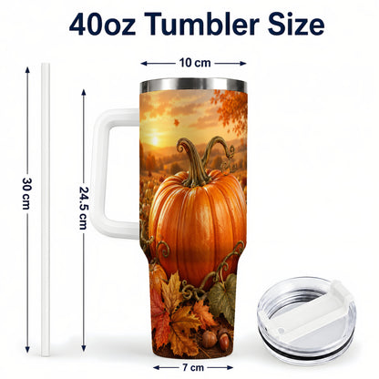 #pl[40oz|White] Pumpkin Patch 40oz Tumbler with Handle, Golden Autumn Sunset Art