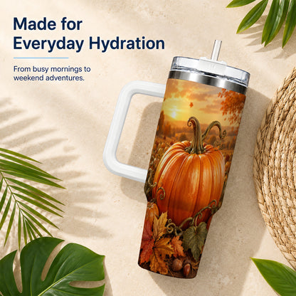 Pumpkin Patch 40oz Tumbler with Handle, Golden Autumn Sunset Art