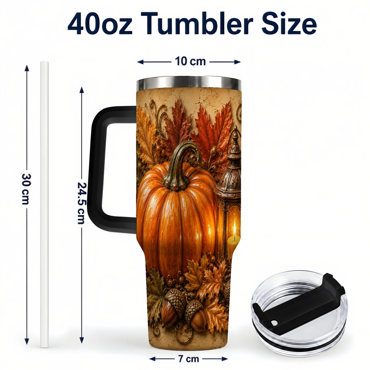 #pl[40oz|Black] Autumn Pumpkin 40oz Tumbler with Handle, Rustic Fall Lantern Design