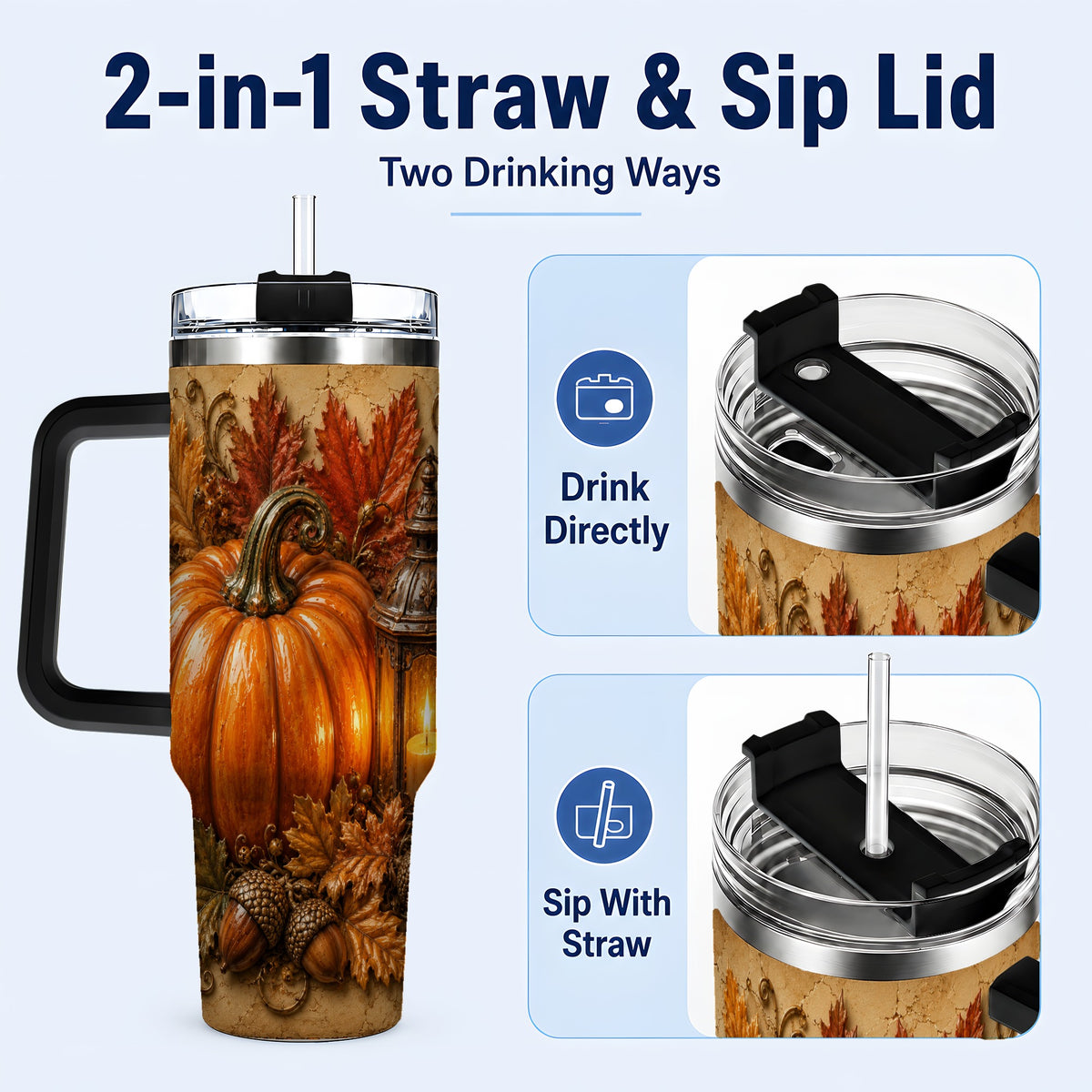 #pl[40oz|Black] Autumn Pumpkin 40oz Tumbler with Handle, Rustic Fall Lantern Design