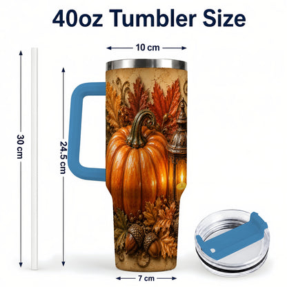 #pl[40oz|Blue] Autumn Pumpkin 40oz Tumbler with Handle, Rustic Fall Lantern Design