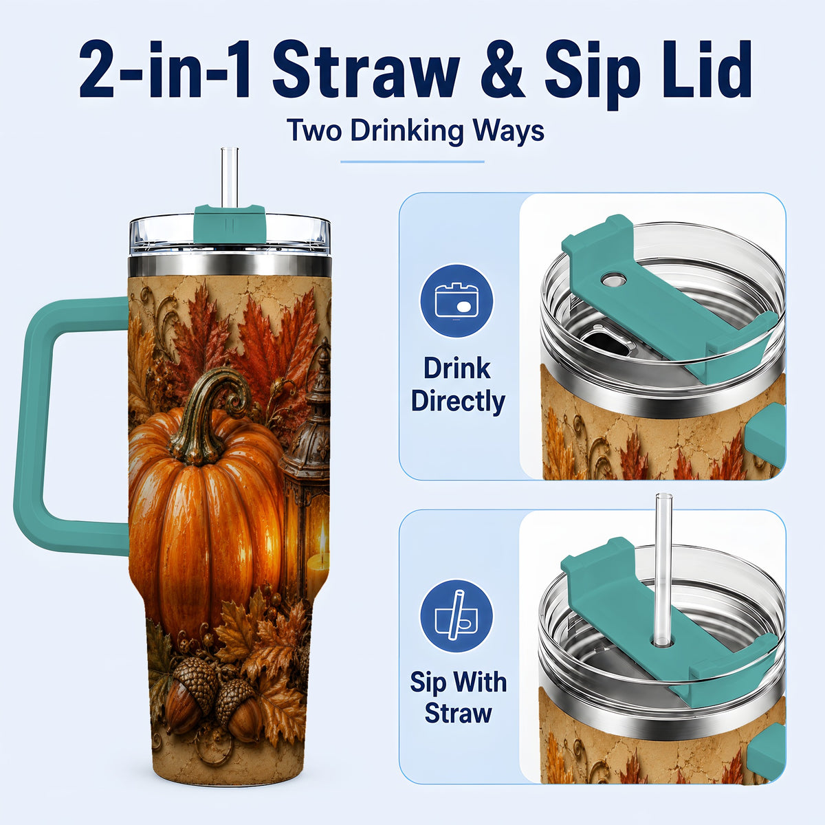 #pl[40oz|Green] Autumn Pumpkin 40oz Tumbler with Handle, Rustic Fall Lantern Design