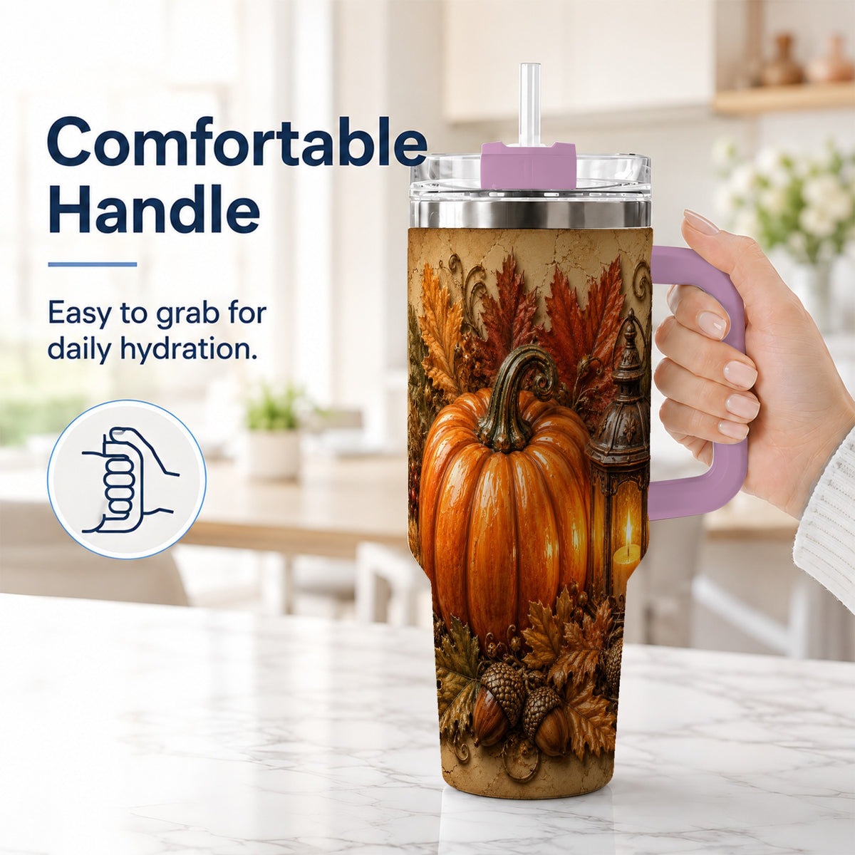 #pl[40oz|Pink] Autumn Pumpkin 40oz Tumbler with Handle, Rustic Fall Lantern Design
