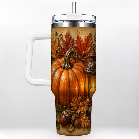 Autumn Pumpkin 40oz Tumbler with Handle, Rustic Fall Lantern Design