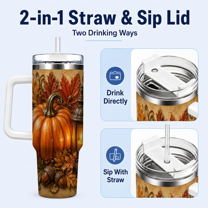 #pl[40oz|White] Autumn Pumpkin 40oz Tumbler with Handle, Rustic Fall Lantern Design