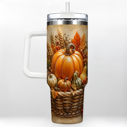 Pumpkin Harvest 40oz Tumbler with Handle, Autumn Basket Farmhouse Art