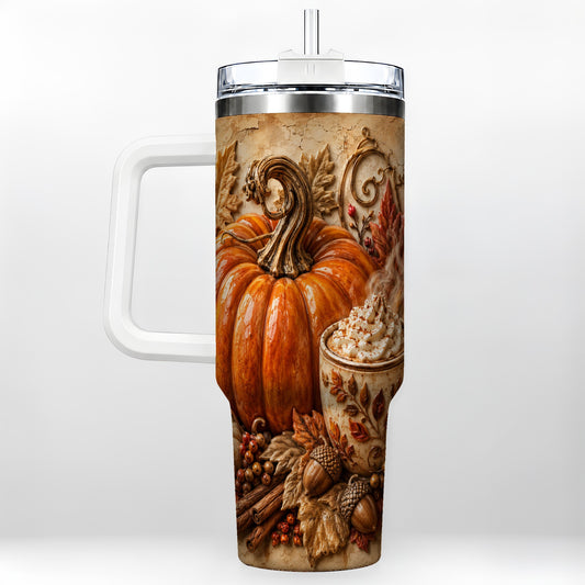 Pumpkin Spice 40oz Tumbler with Handle, Cozy Fall Coffee Design