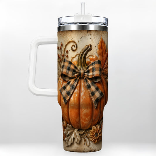 Plaid Bow Pumpkin 40oz Tumbler with Handle, Rustic Autumn Farmhouse