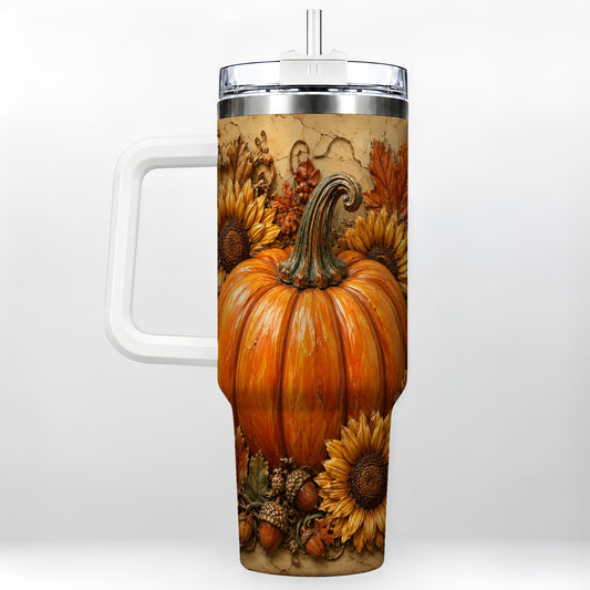 Sunflower Pumpkin 40oz Tumbler with Handle, Autumn Floral Farmhouse