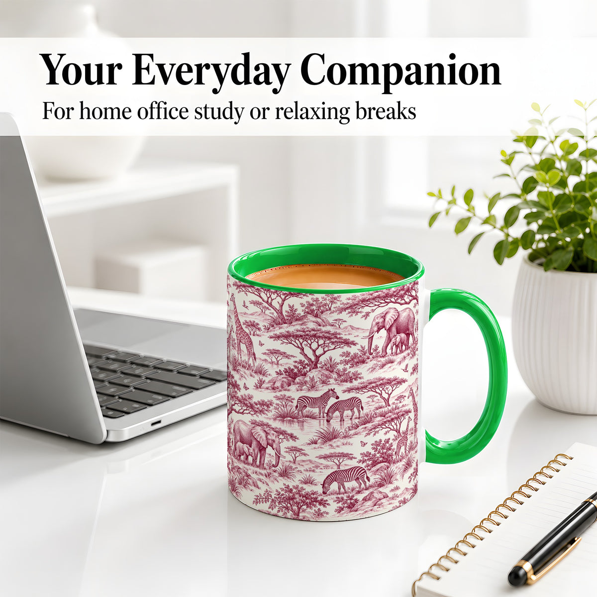 #pl[11oz|Green] Safari Animal Toile Ceramic Mug, Burgundy Wildlife Artwork Design
