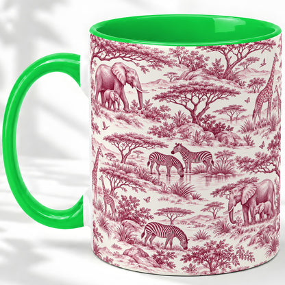#pl[11oz|Green] Safari Animal Toile Ceramic Mug, Burgundy Wildlife Artwork Design