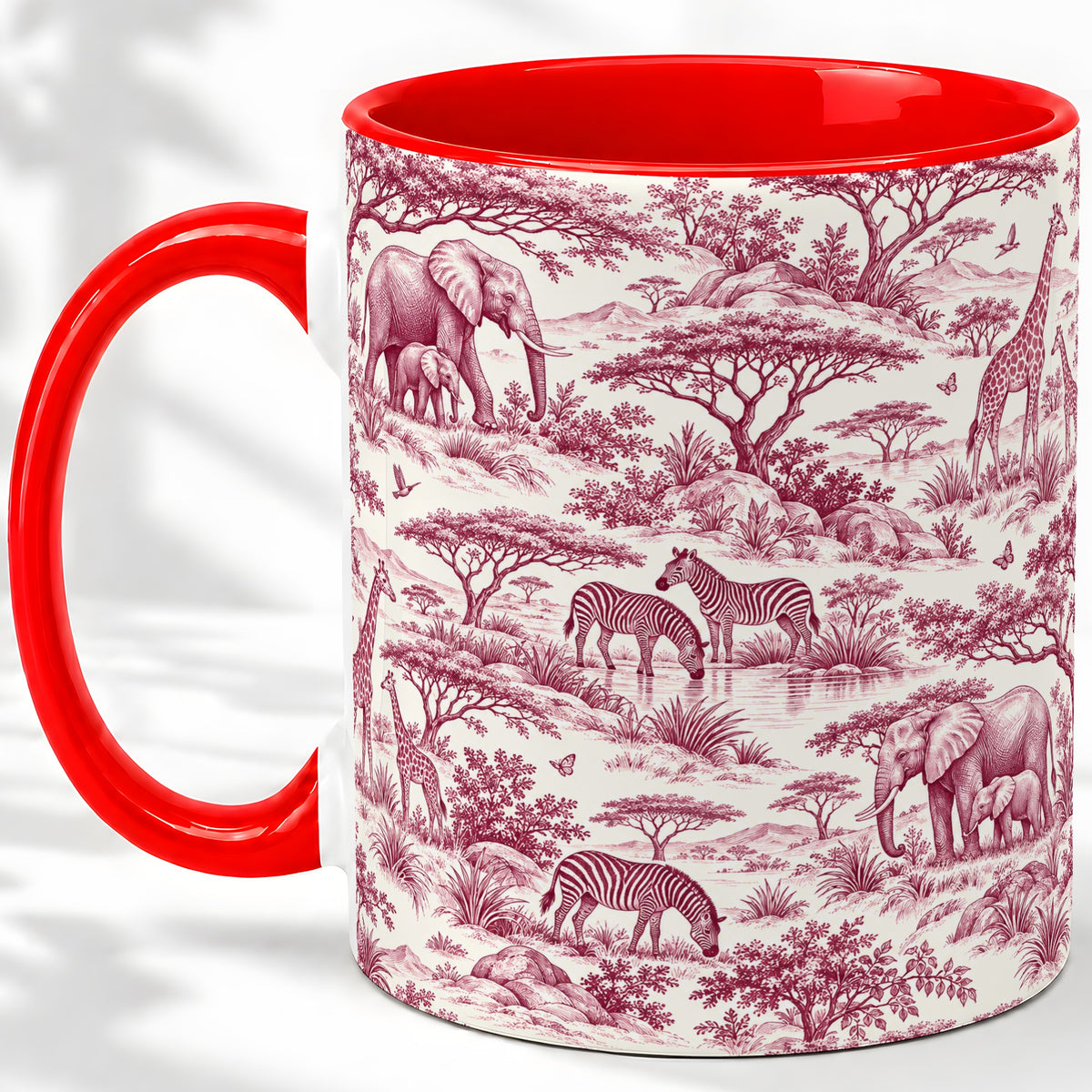 Safari Animal Toile Ceramic Mug, Burgundy Wildlife Artwork Design