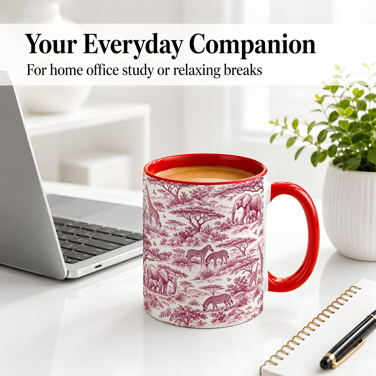#pl[11oz|Red] Safari Animal Toile Ceramic Mug, Burgundy Wildlife Artwork Design