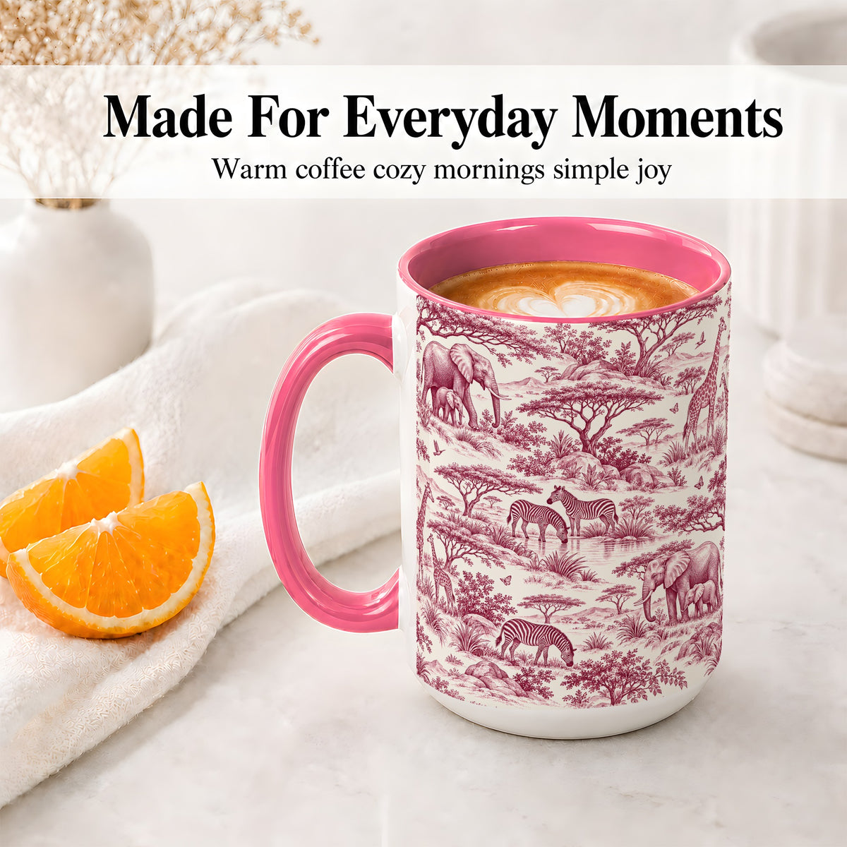 #pl[15oz|Pink] Safari Animal Toile Ceramic Mug, Burgundy Wildlife Artwork Design