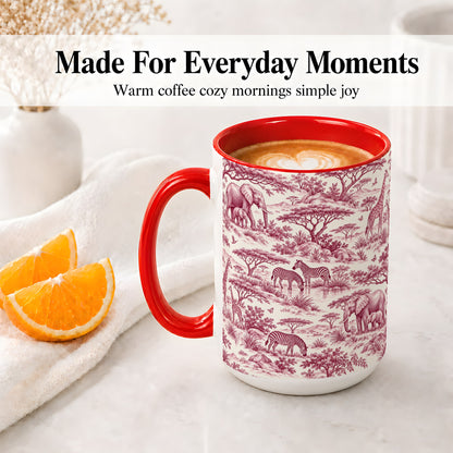 #pl[15oz|Red] Safari Animal Toile Ceramic Mug, Burgundy Wildlife Artwork Design