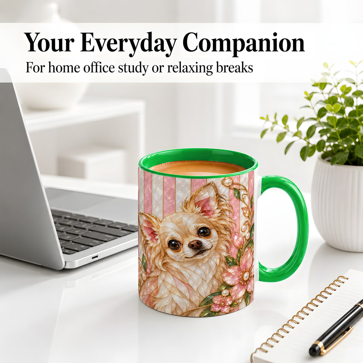 #pl[11oz|Green] Floral Chihuahua Ceramic Mug, Stained Glass Style Dog Artwork