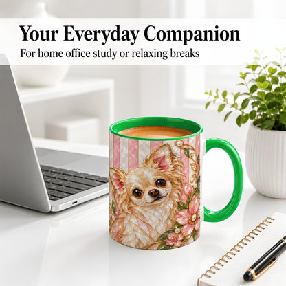 #pl[11oz|Green] Floral Chihuahua Ceramic Mug, Stained Glass Style Dog Artwork