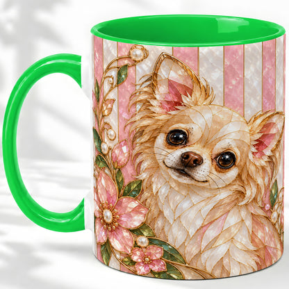 #pl[11oz|Green] Floral Chihuahua Ceramic Mug, Stained Glass Style Dog Artwork