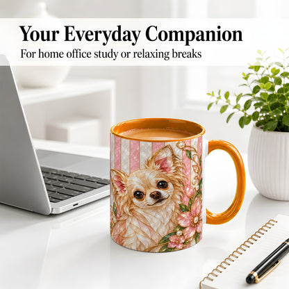 #pl[11oz|Orange] Floral Chihuahua Ceramic Mug, Stained Glass Style Dog Artwork
