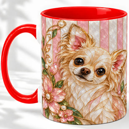Floral Chihuahua Ceramic Mug, Stained Glass Style Dog Artwork