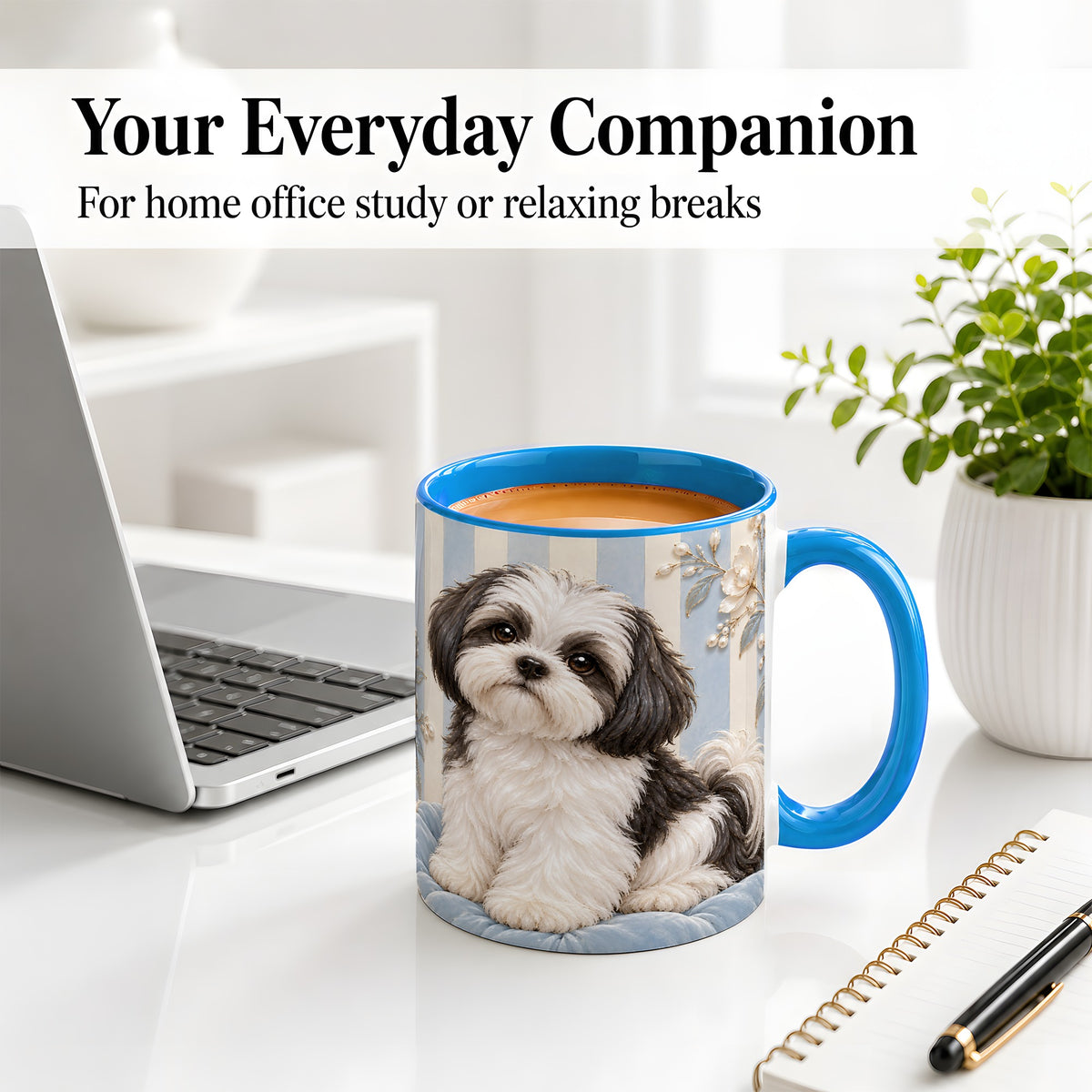 #pl[11oz|Blue] Black White Shih Tzu Ceramic Mug, Blue Floral Stripe Artwork