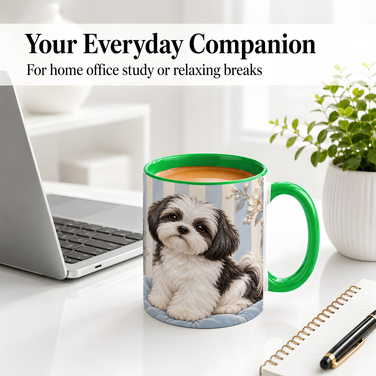 #pl[11oz|Green] Black White Shih Tzu Ceramic Mug, Blue Floral Stripe Artwork