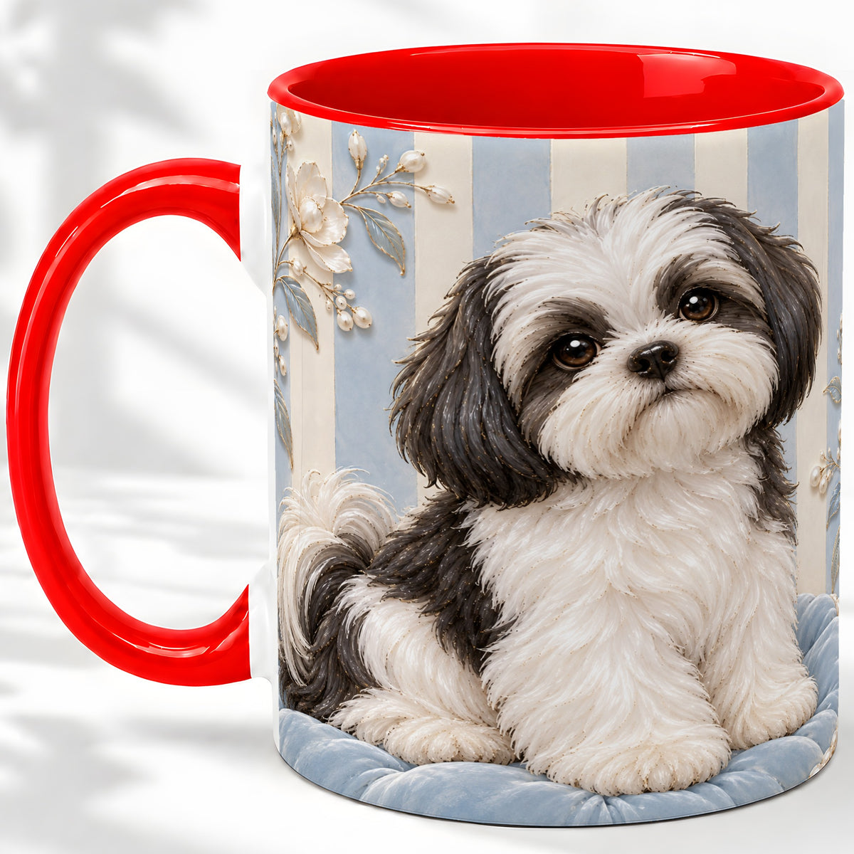 Black White Shih Tzu Ceramic Mug, Blue Floral Stripe Artwork