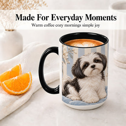 #pl[15oz|Black] Black White Shih Tzu Ceramic Mug, Blue Floral Stripe Artwork