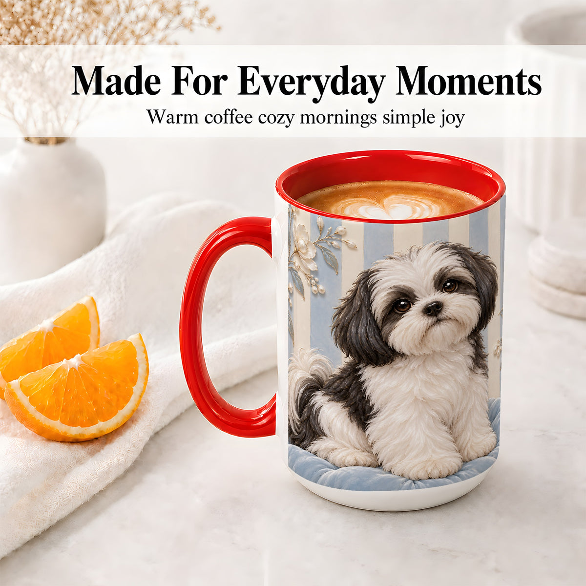 #pl[15oz|Red] Black White Shih Tzu Ceramic Mug, Blue Floral Stripe Artwork