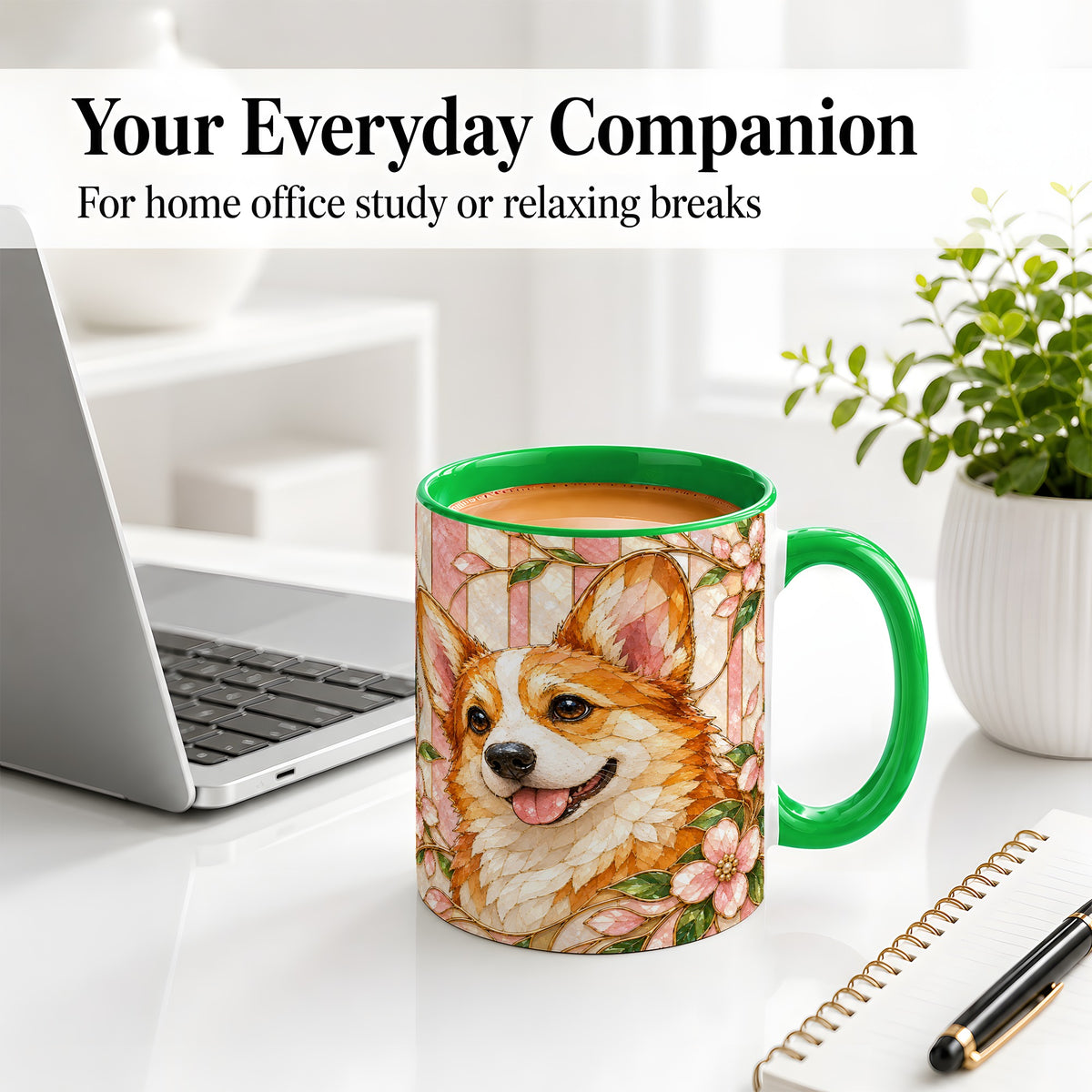 #pl[11oz|Green] Floral Corgi Ceramic Mug, Stained Glass Style Dog Artwork