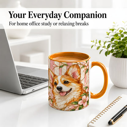 #pl[11oz|Orange] Floral Corgi Ceramic Mug, Stained Glass Style Dog Artwork