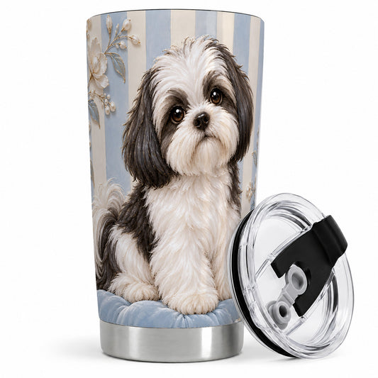 Shih Tzu Blue Floral 20oz Tumbler, Black White Dog Portrait Art