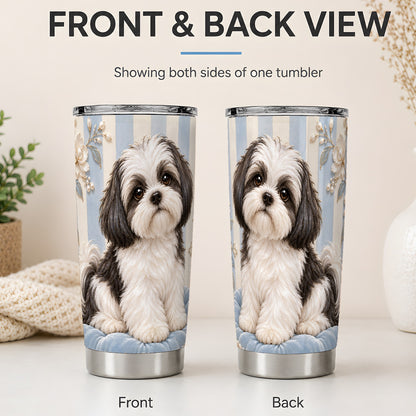 #pl[20oz|Steel] Shih Tzu Blue Floral 20oz Tumbler, Black White Dog Portrait Art
