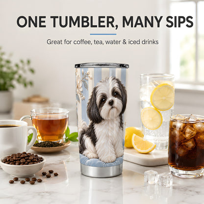 Shih Tzu Blue Floral 20oz Tumbler, Black White Dog Portrait Art