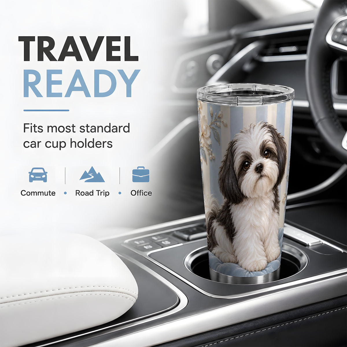 Shih Tzu Blue Floral 20oz Tumbler, Black White Dog Portrait Art