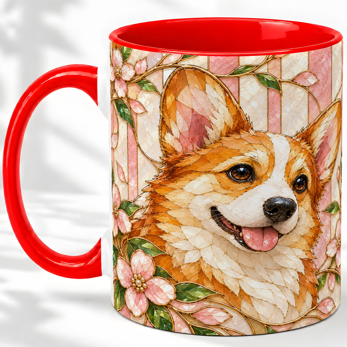 Floral Corgi Ceramic Mug, Stained Glass Style Dog Artwork