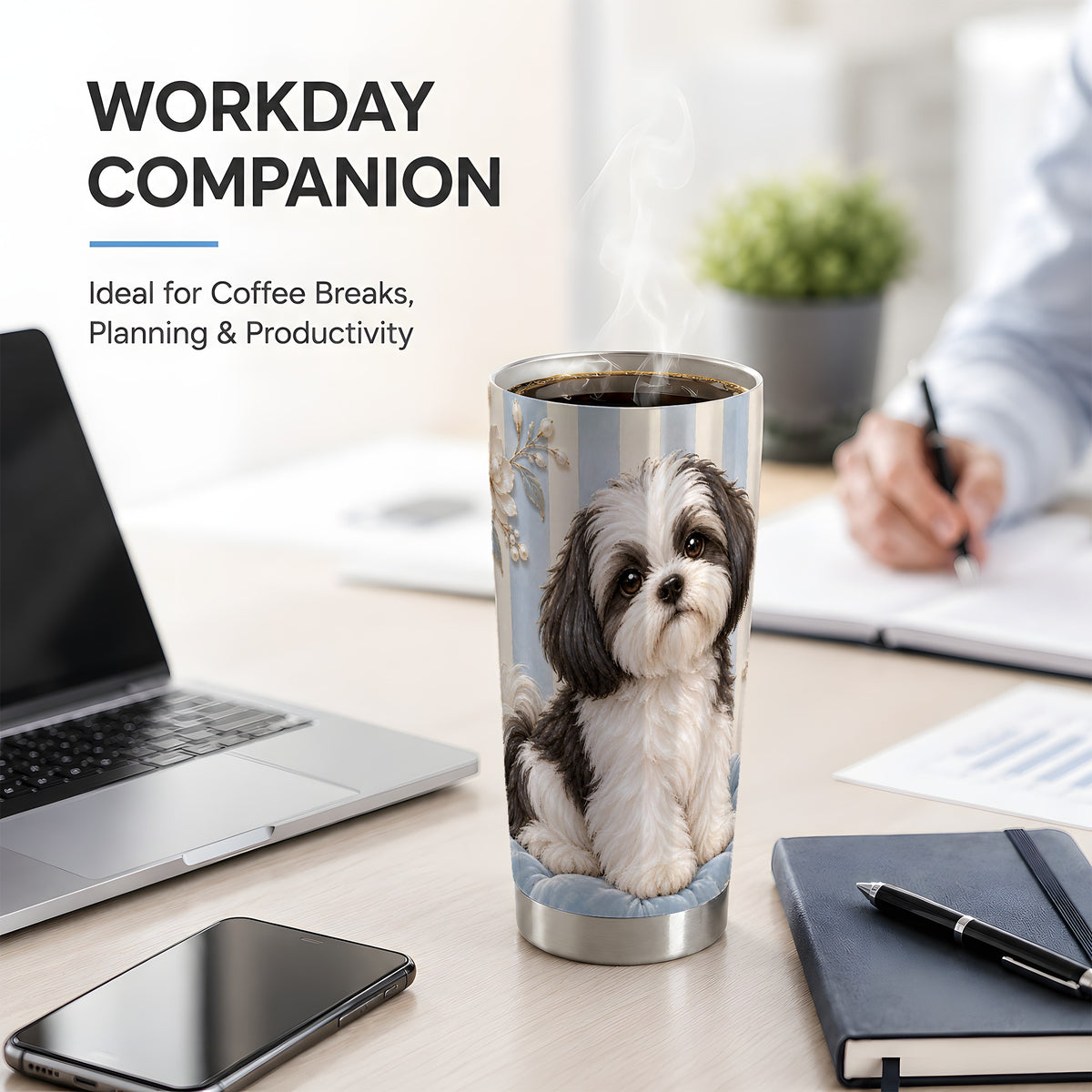 Shih Tzu Blue Floral 20oz Tumbler, Black White Dog Portrait Art