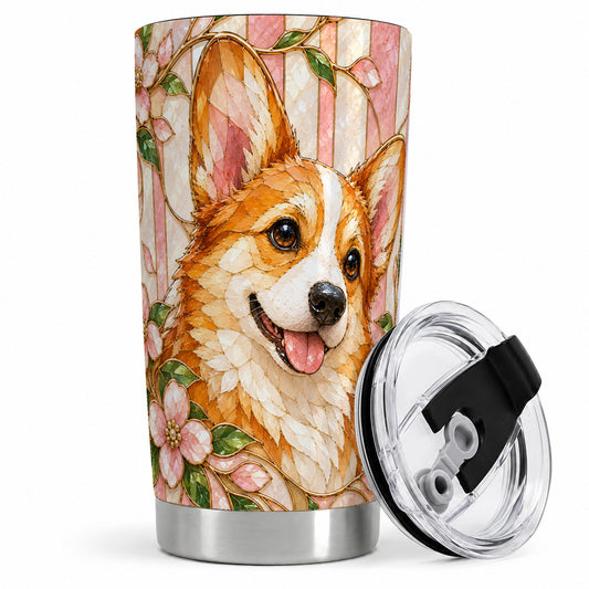 Corgi Floral 20oz Tumbler, Stained Glass Style Dog Portrait Art