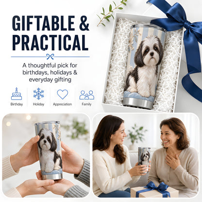 Shih Tzu Blue Floral 20oz Tumbler, Black White Dog Portrait Art